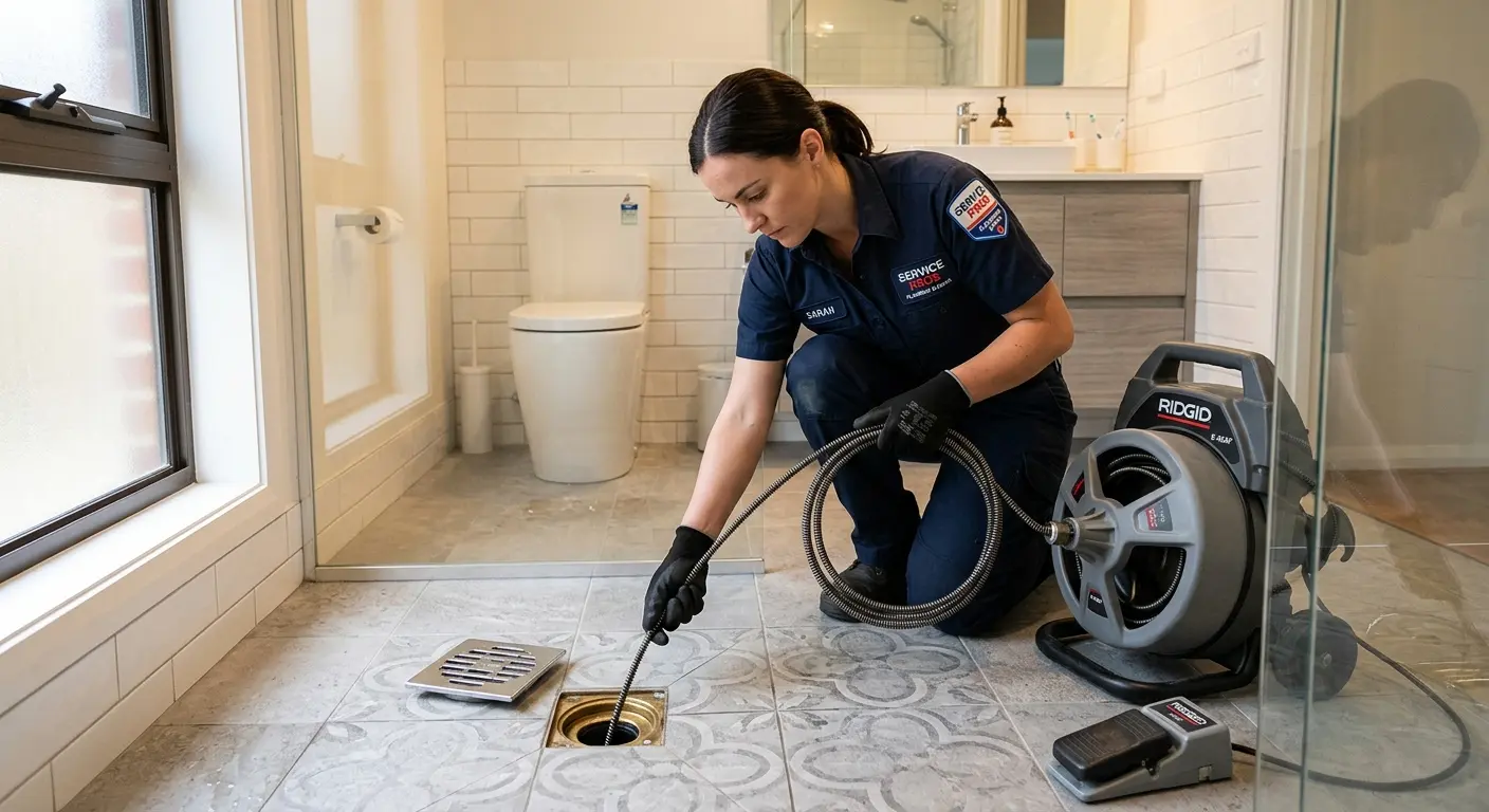Technician clearing a bathroom floor drain for Sewer Line Installation in Waukegan